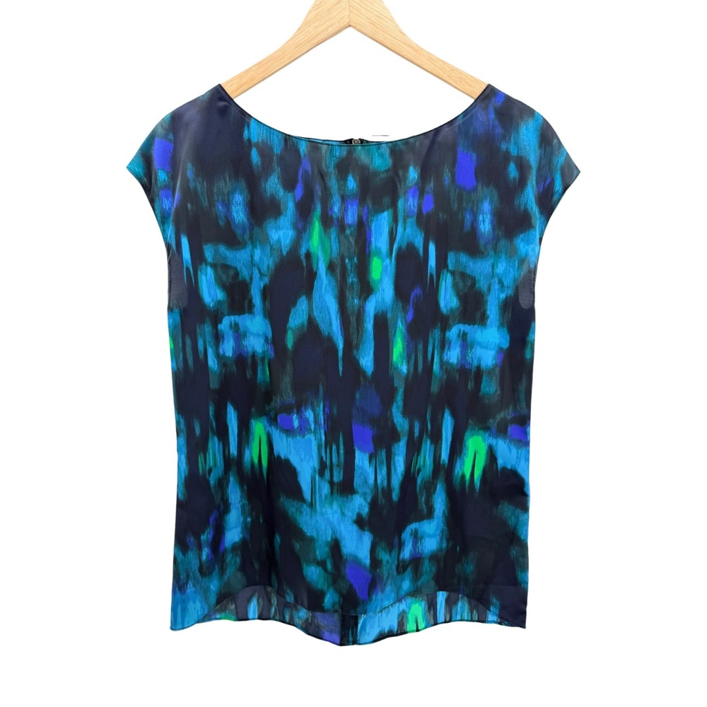 Tahari Midnight Dream Blouse Blue Purple Teal Abstract Watercolor Top NWT M